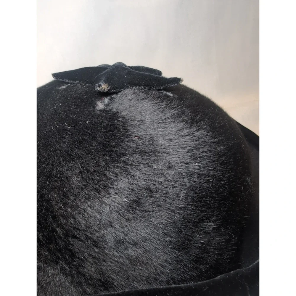 Vintage DOWA NY WOMEN'S Black Star HAT SOLEIL GLACE ITALY VELVET FAUX FUR 22.5